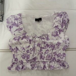 MAJORELLE Flutter Sleeve Smocked Cropped Blouse in Purple and White Size Small